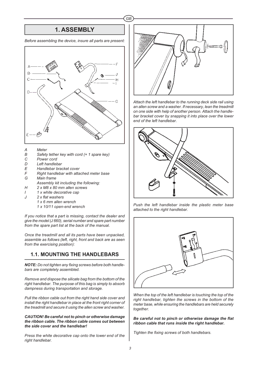 Tunturi J 660 owner manual Assembly, Mounting the Handlebars 