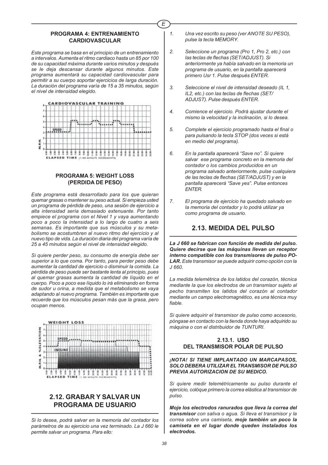 Tunturi J 660 Grabar Y Salvar UN Programa DE Usuario, Medida DEL Pulso, Programa 4 Entrenamiento Cardiovascular 