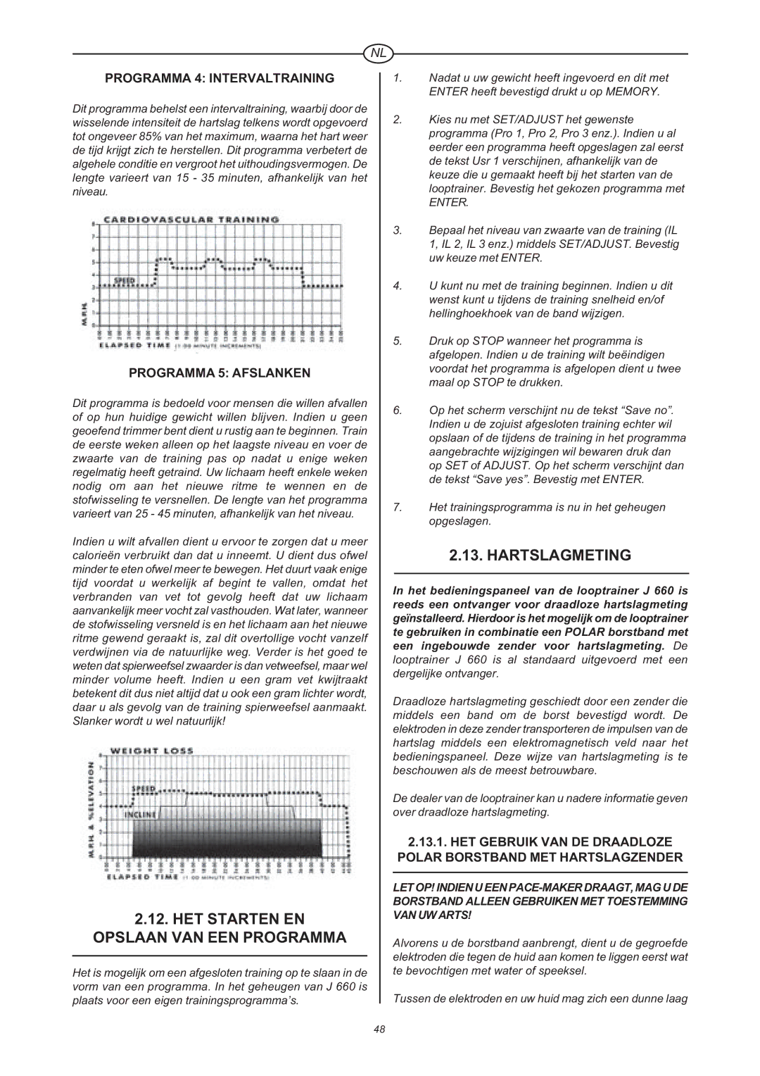 Tunturi J 660 owner manual HET Starten EN Opslaan VAN EEN Programma, Hartslagmeting, Programma 4 Intervaltraining 