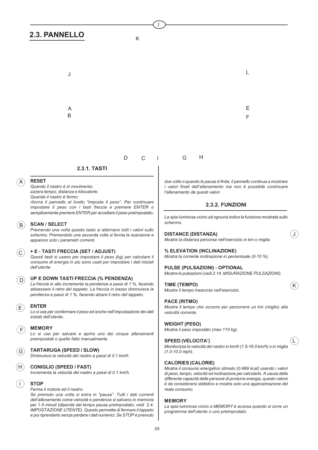 Tunturi J 660 owner manual Pannello, Funzioni 