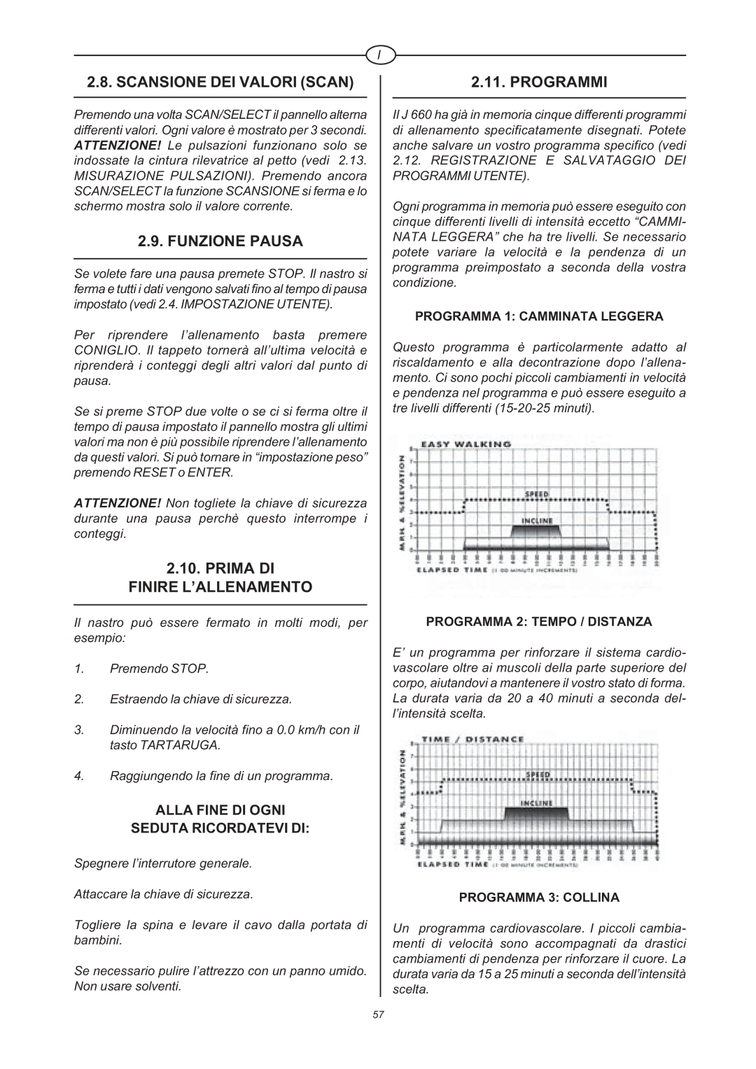 Tunturi J 660 owner manual Scansione DEI Valori Scan, Funzione Pausa, Finire L’ALLENAMENTO, Programmi 