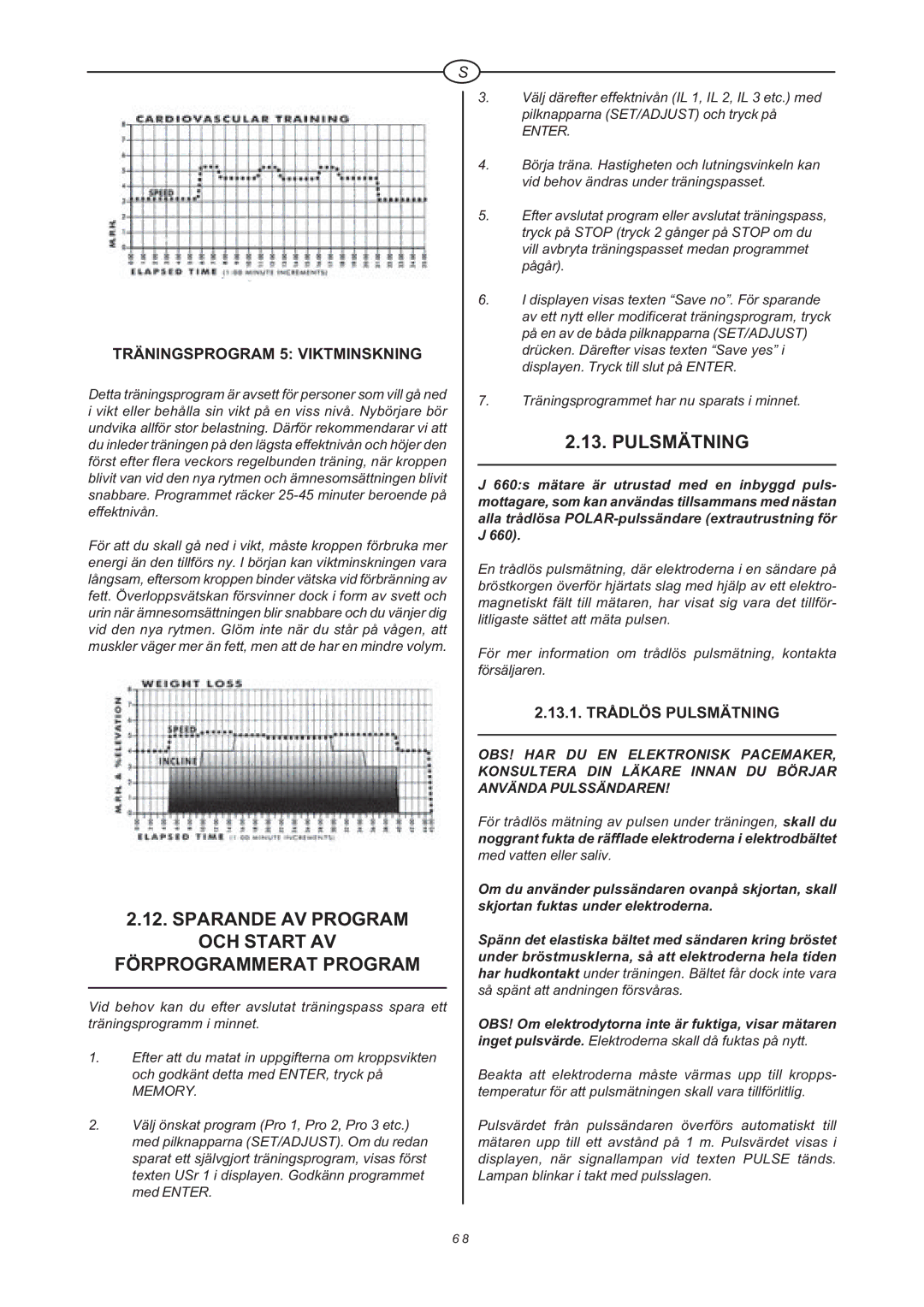 Tunturi J 660 Sparande AV Program OCH Start AV Förprogrammerat Program, Pulsmätning, Träningsprogram 5 Viktminskning 
