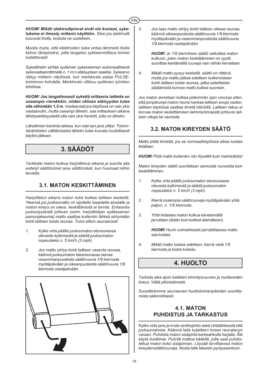 Tunturi J 660 owner manual Säädöt, Huolto, Maton Keskittäminen, Maton Kireyden Säätö, Puhdistus JA Tarkastus 