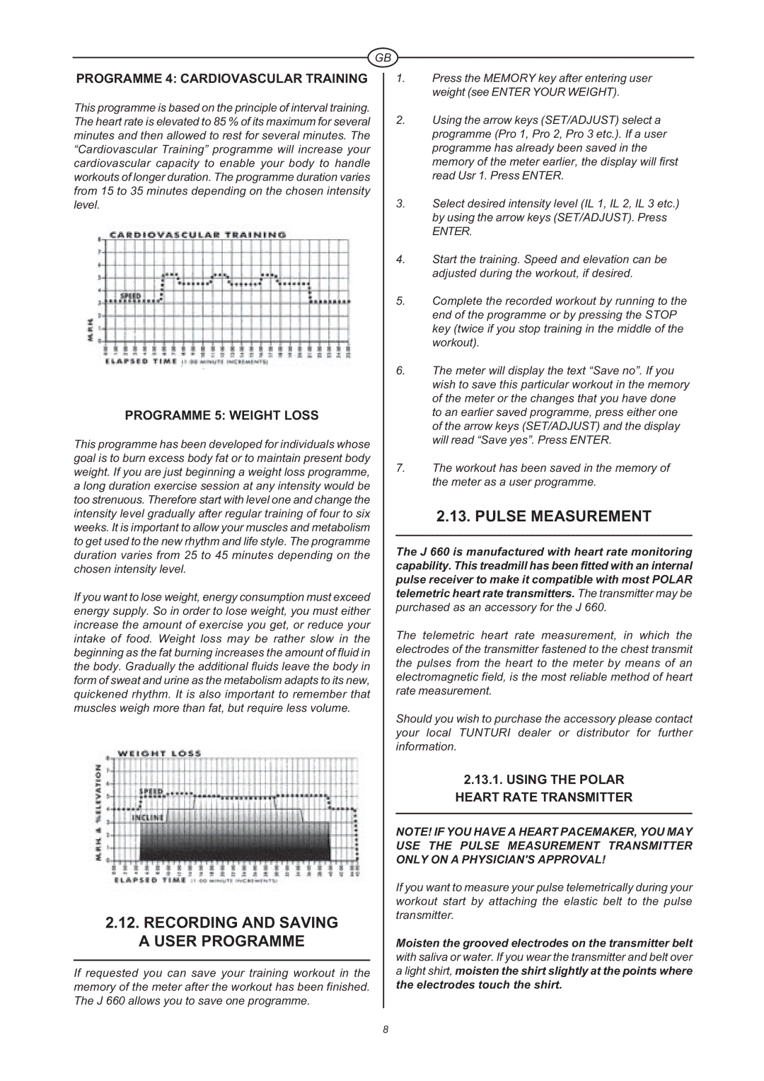 Tunturi J 660 owner manual Recording and Saving a User Programme, Pulse Measurement, Programme 4 Cardiovascular Training 