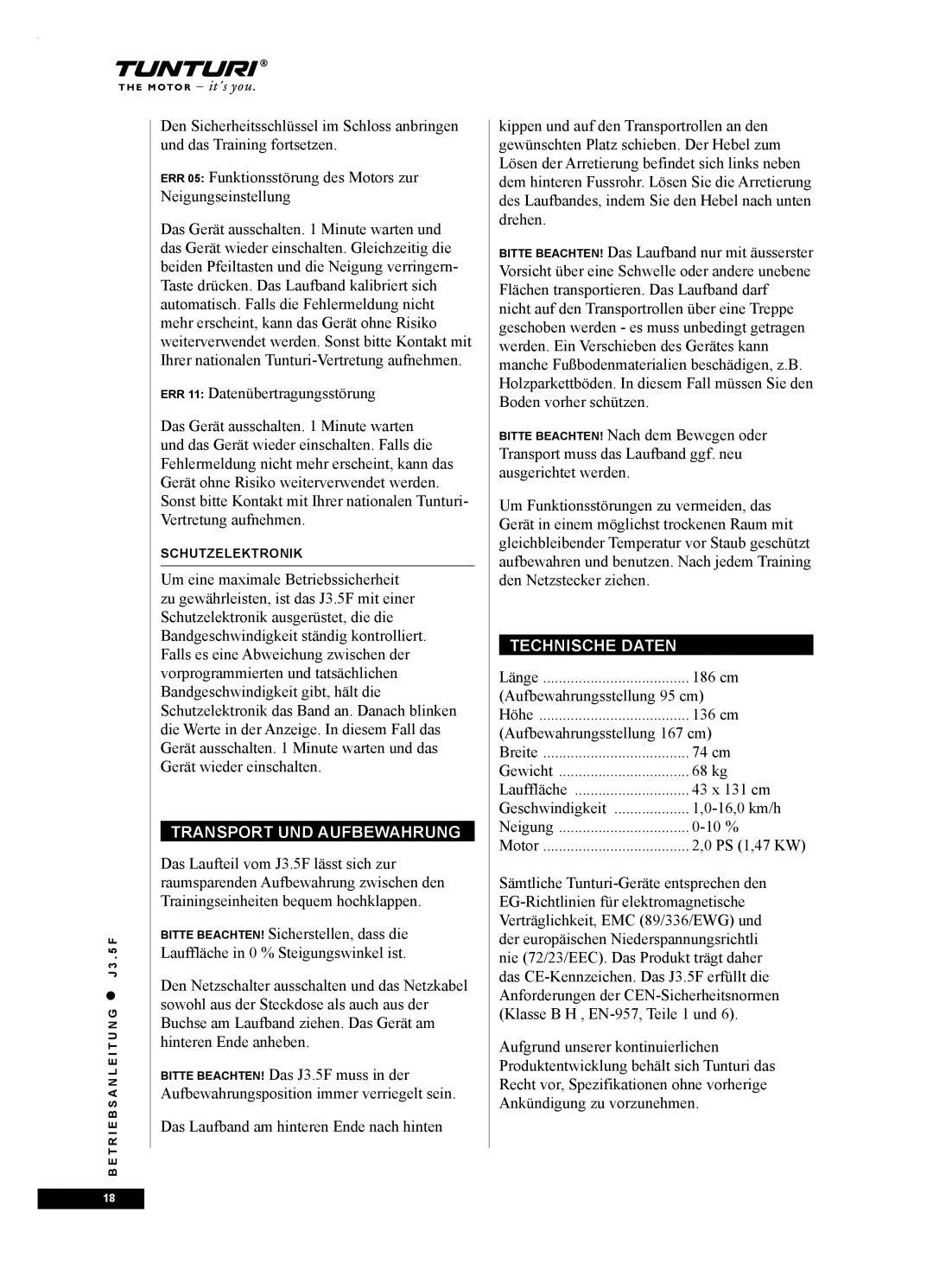 Tunturi J3.5F owner manual Transport UND Aufbewahrung, Technische Daten 