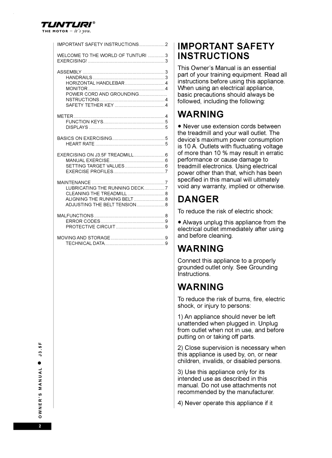 Tunturi J3.5F owner manual Important Safety Instructions 