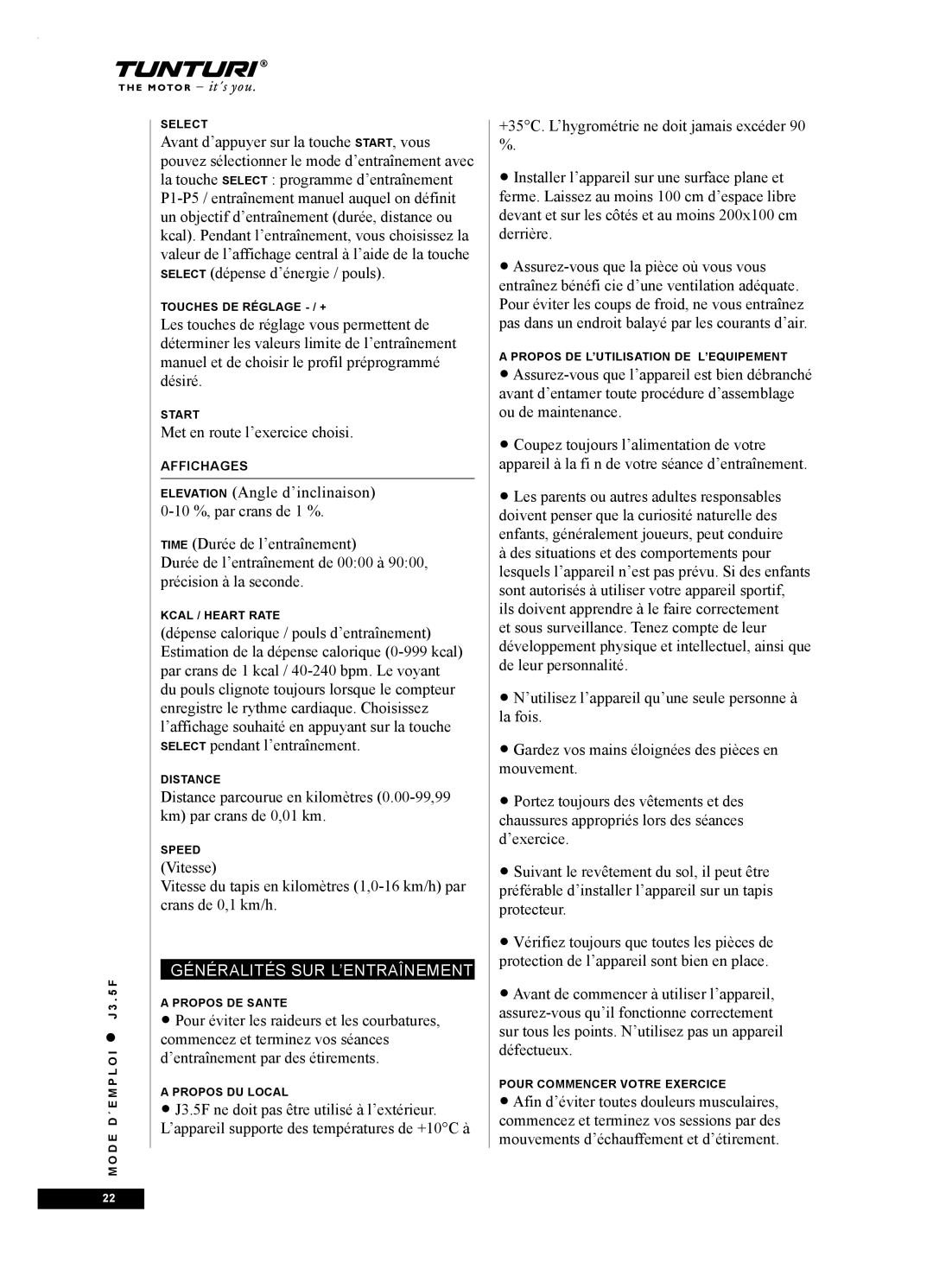 Tunturi J3.5F owner manual Généralités SUR L’ENTRAÎNEMENT 