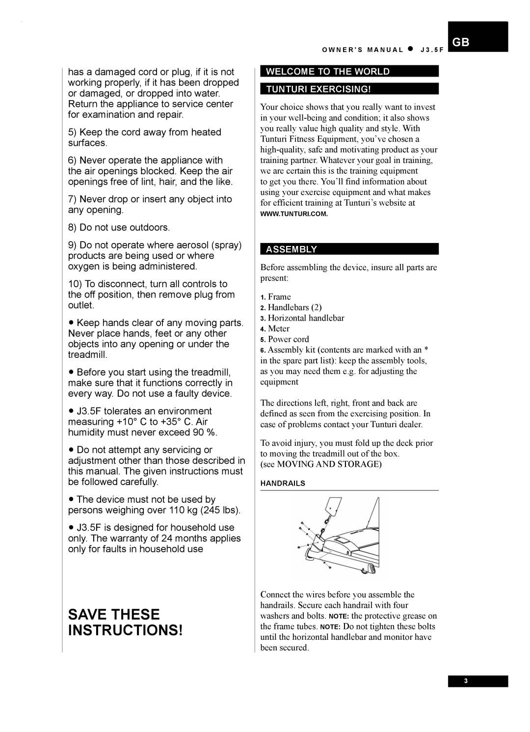 Tunturi J3.5F owner manual Welcome to the World Tunturi Exercising, Assembly 