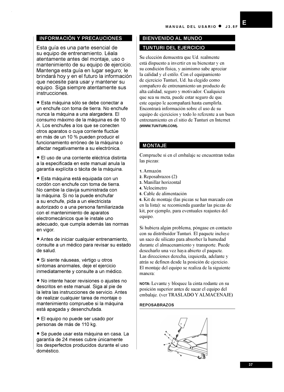 Tunturi J3.5F owner manual Información Y Precauciones, Bienvenido AL Mundo Tunturi DEL Ejercicio, Montaje 