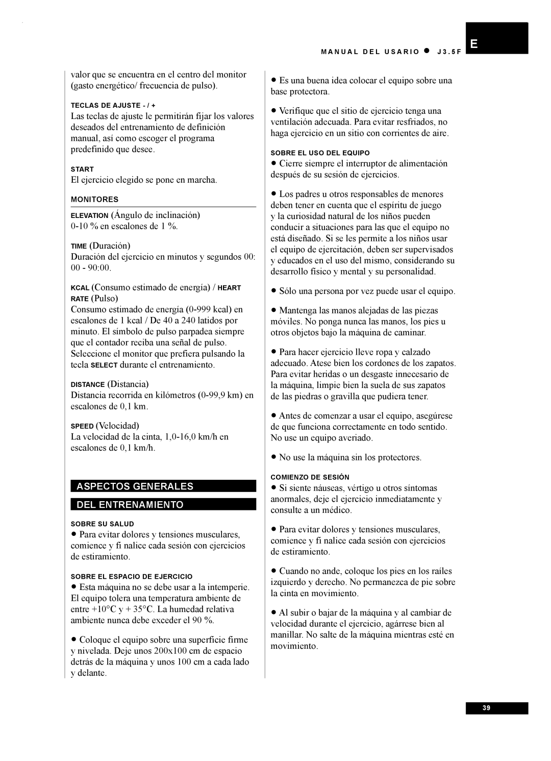 Tunturi J3.5F owner manual Aspectos Generales DEL Entrenamiento 