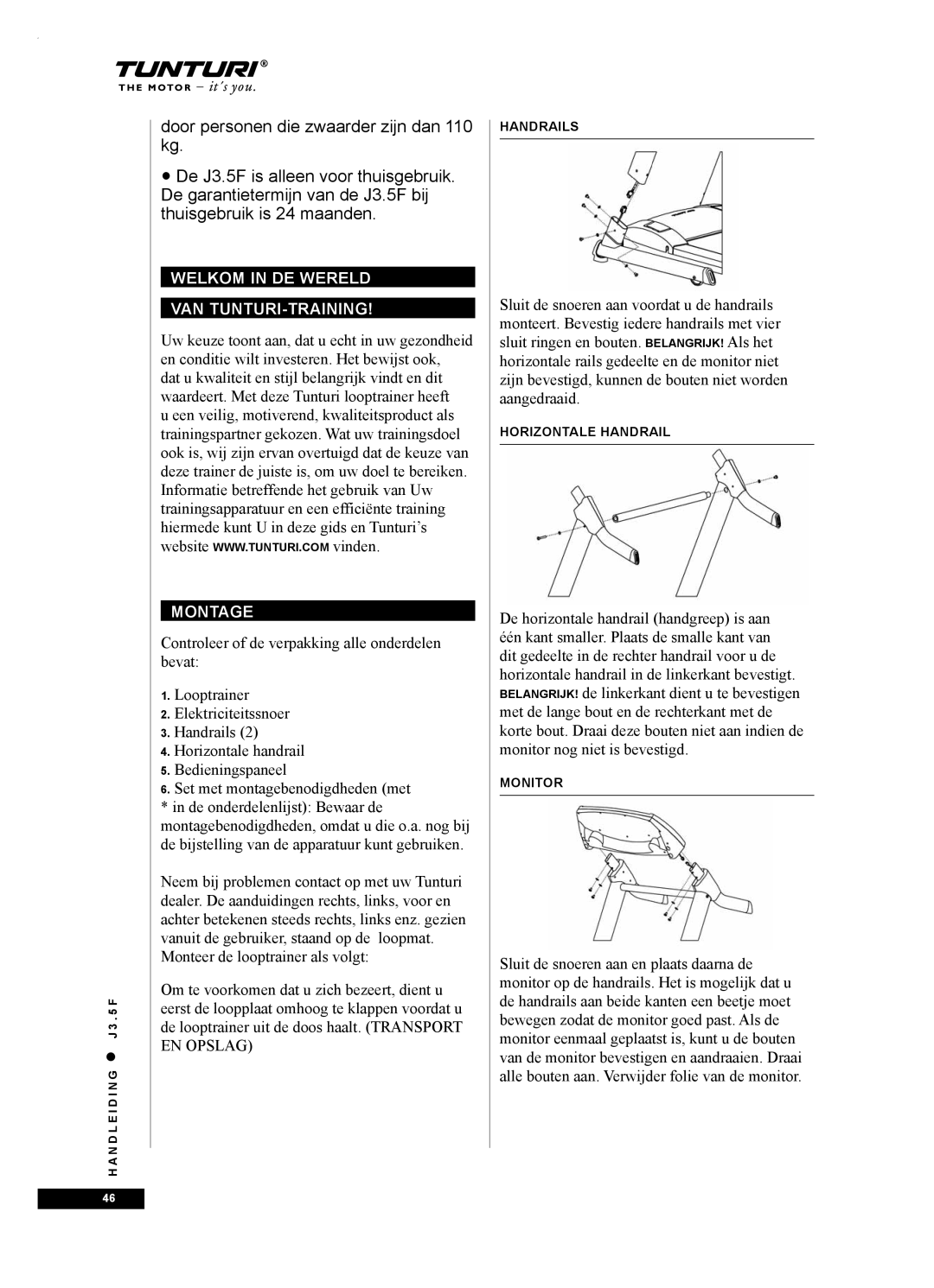 Tunturi J3.5F owner manual Welkom in DE Wereld VAN TUNTURI-TRAINING, Montage 