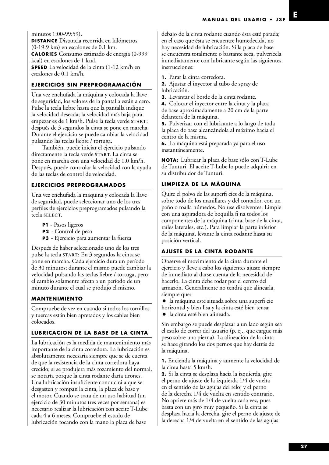 Tunturi J3F owner manual Minutos 