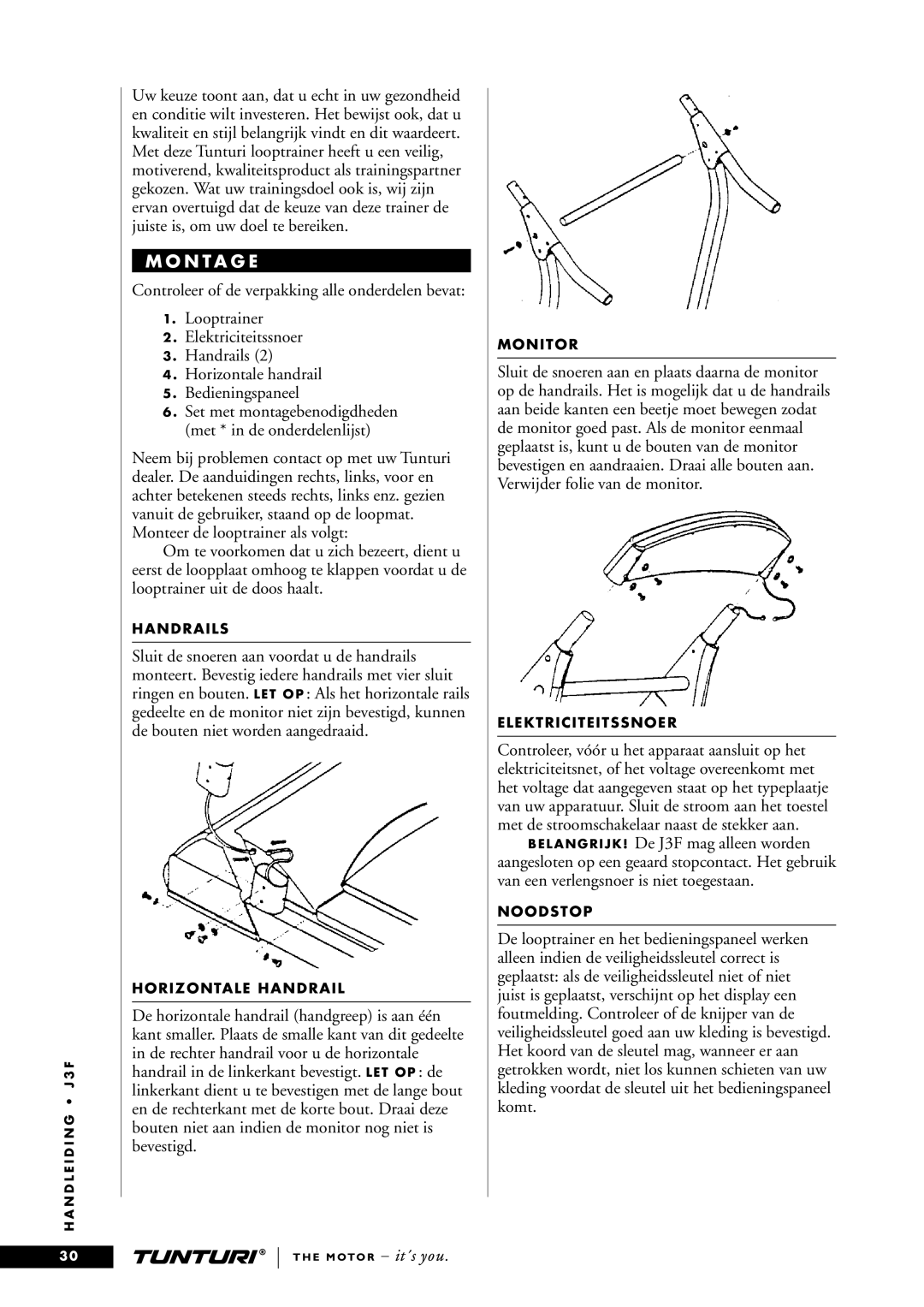 Tunturi J3F owner manual Horizontale Handrail, Elektriciteitssnoer, Noodstop 