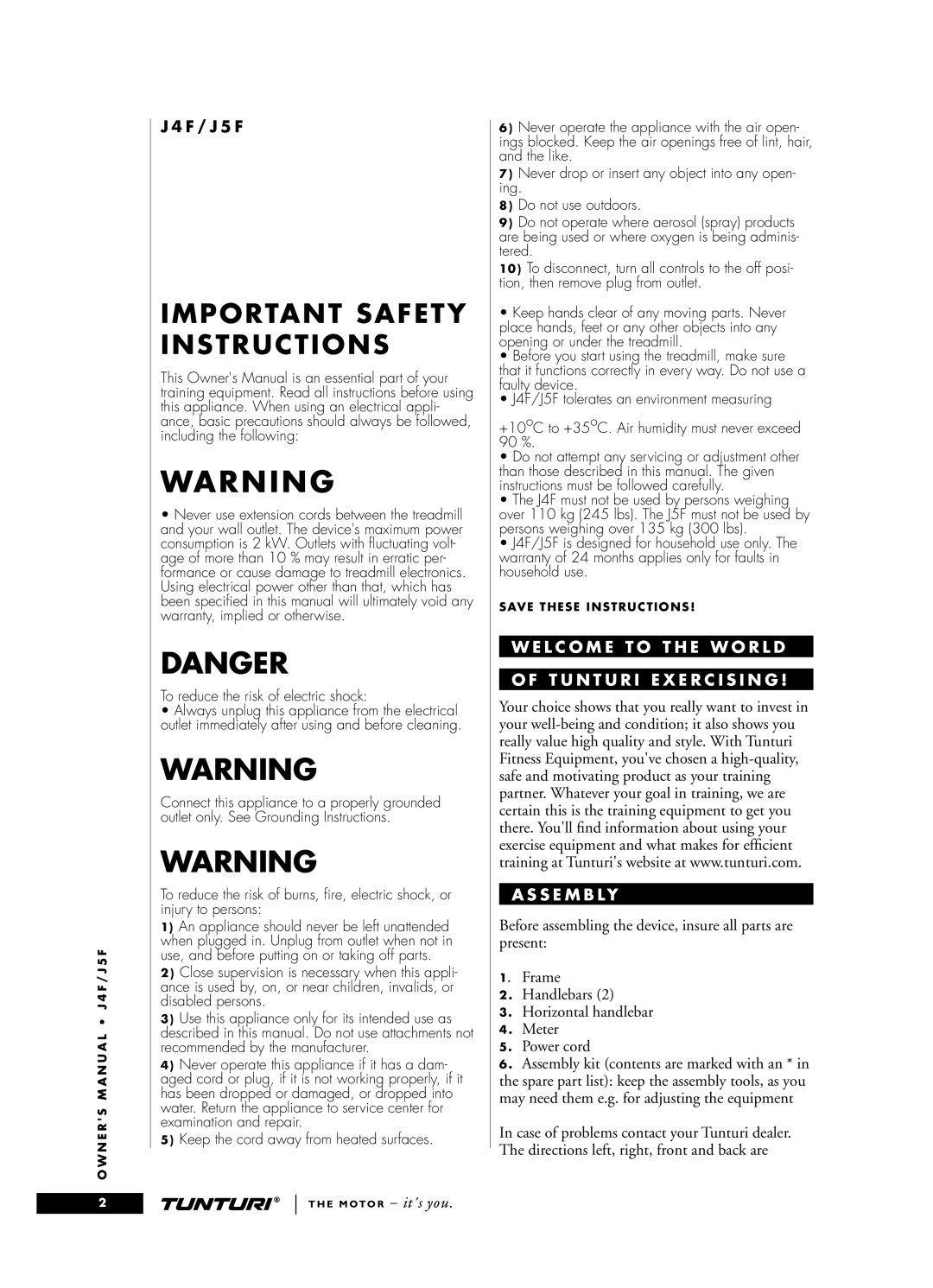 Tunturi J5F, J4F owner manual Important Safety Instructions, S E M B Ly 