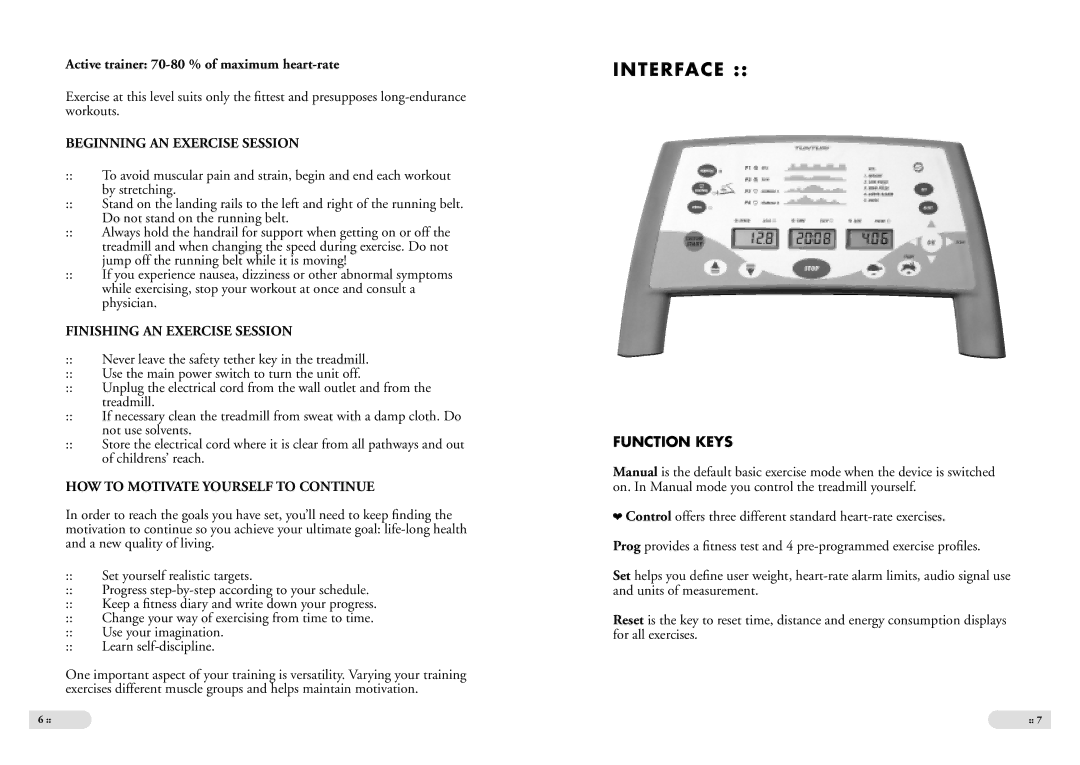 Tunturi J6F owner manual Interface, Function Keys 