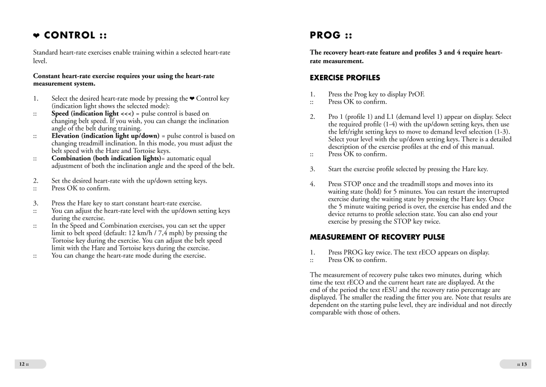 Tunturi J6F owner manual Control, Prog, Exercise Profiles, Measurement of Recovery Pulse 