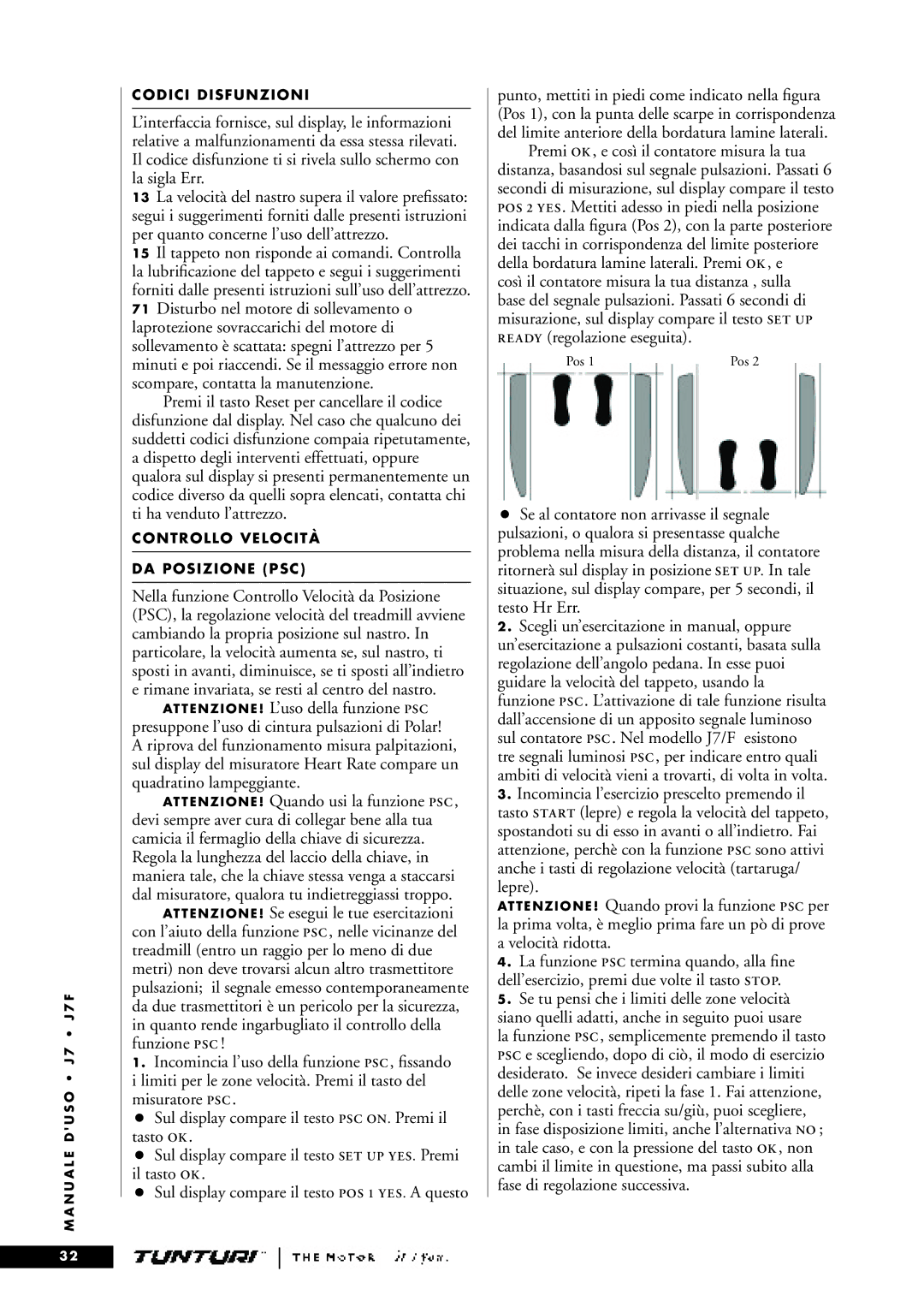 Tunturi J7F owner manual Codici Disfunzioni, Controllo Velocità DA Posizione PSC 
