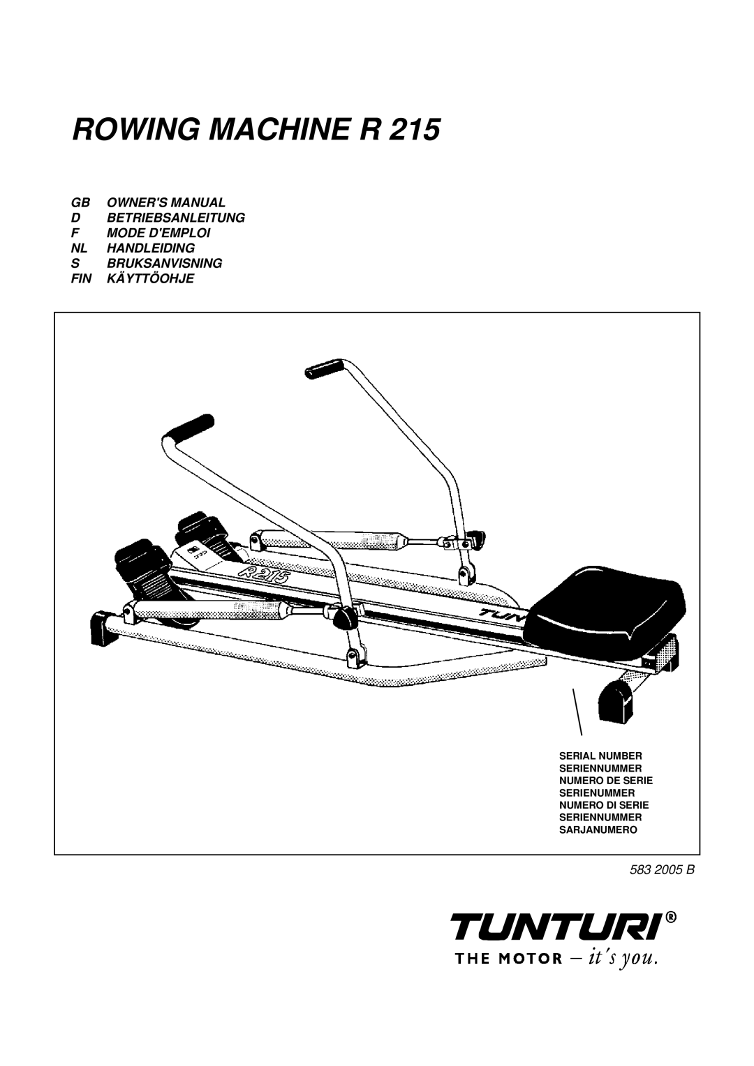 Tunturi R 215 owner manual Rowing Machine R 