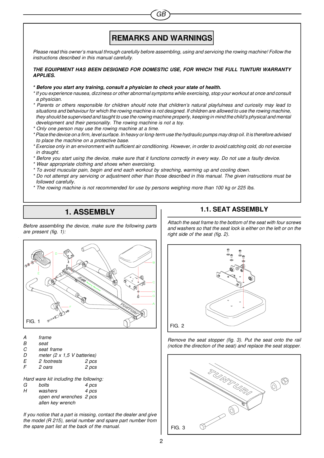 Tunturi R 215 owner manual Remarks and Warnings, Seat Assembly 