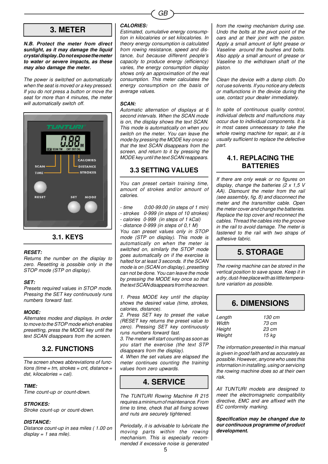 Tunturi R 215 owner manual Meter, Service, Storage, Dimensions 