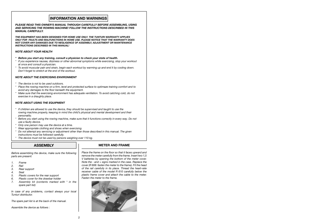 Tunturi R 610, R 606 owner manual Information and Warnings, Assembly, Meter and Frame 