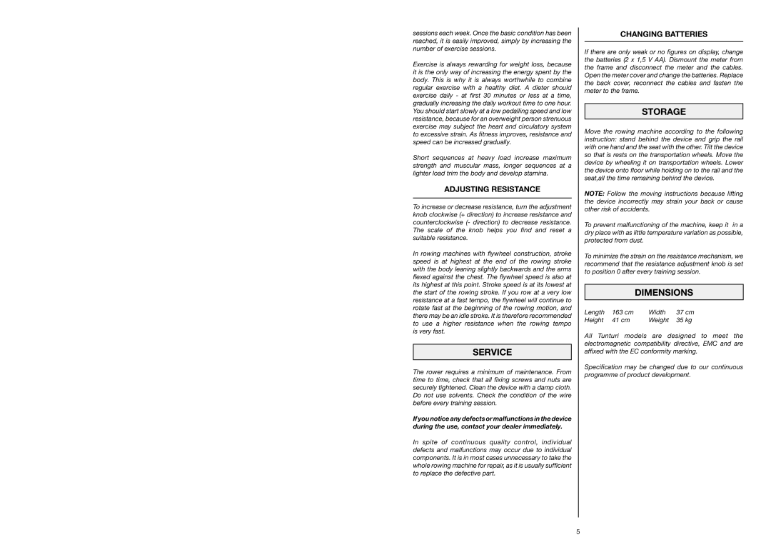 Tunturi R 606, R 610 owner manual Service, Storage, Dimensions, Adjusting Resistance, Changing Batteries 