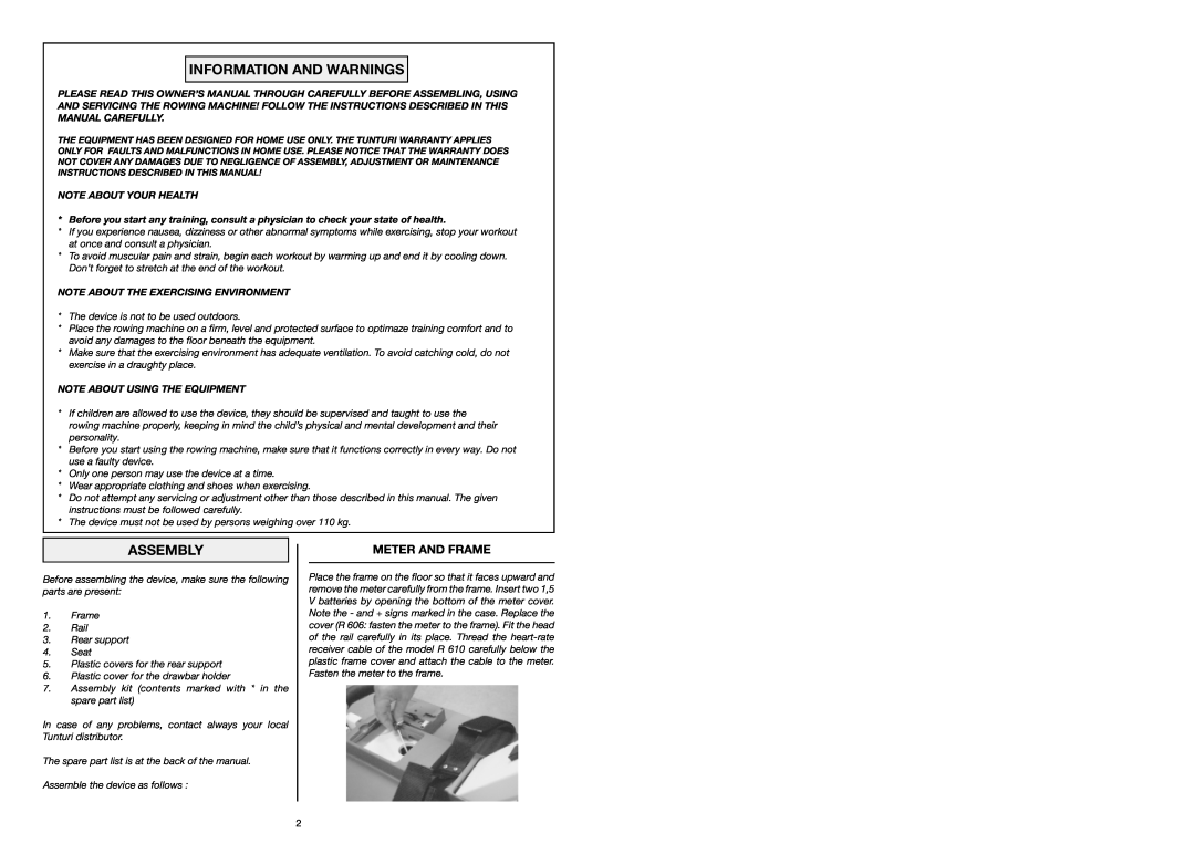 Tunturi R 610 Information And Warnings, Assembly, Meter And Frame, Note About Your Health, Note About Using The Equipment 