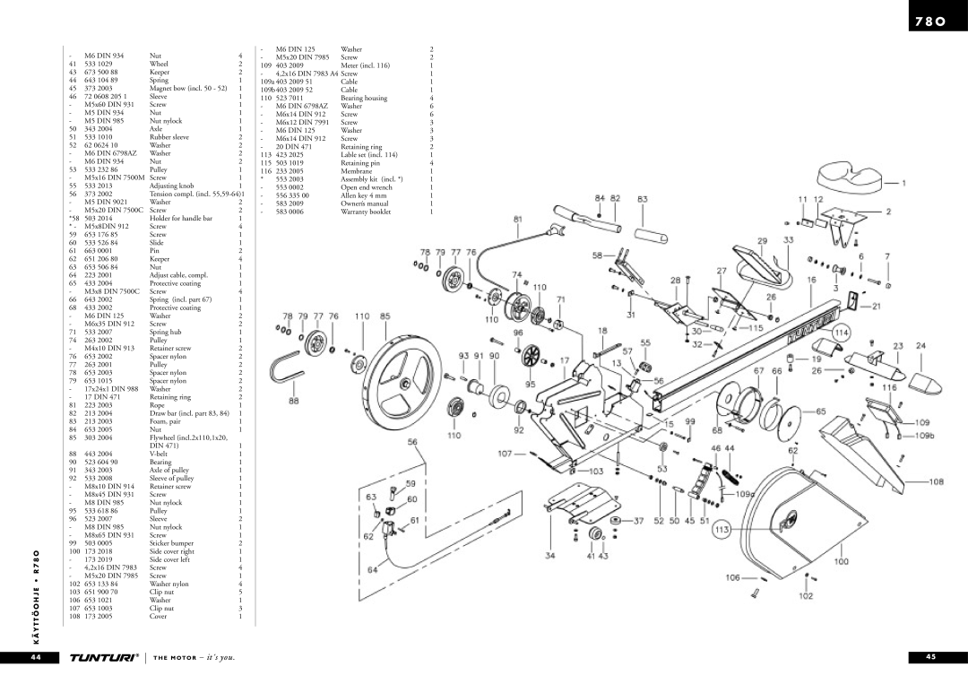 Tunturi R 78O owner manual M6 DIN Nut 533 Wheel 673 500 Keeper 643 104 Spring 373 