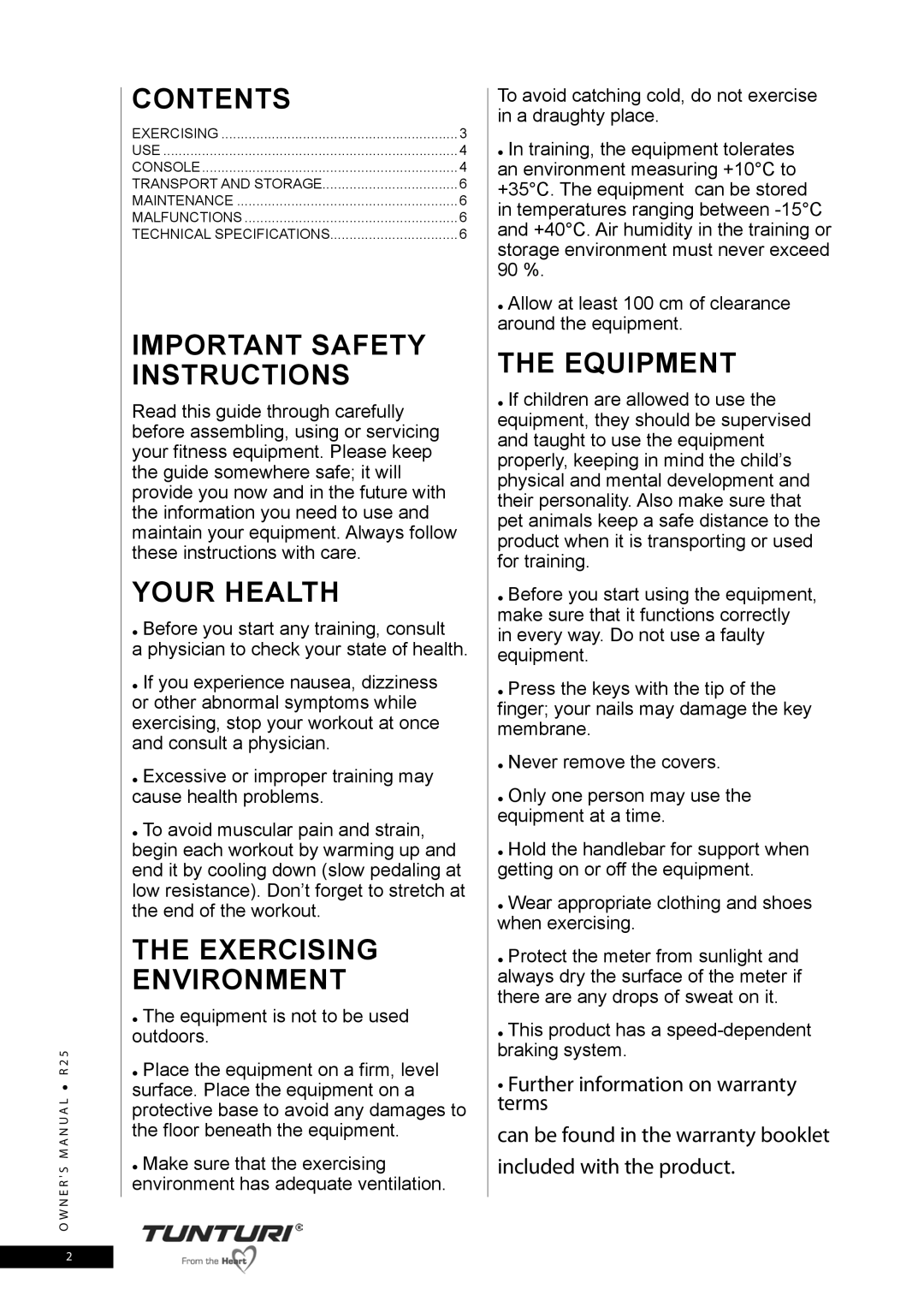 Tunturi R25 owner manual Important Safety Instructions, Your Health, Exercising Environment, Equipment 