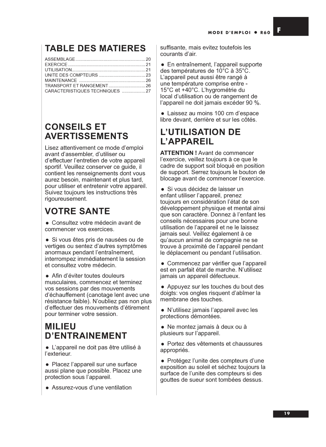 Tunturi R60 Table DES Matieres, Conseils ET Avertissements, Votre Sante, Milieu D’ENTRAINEMENT, ’Utilisation De ’Appareil 