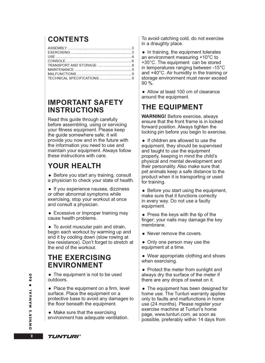 Tunturi R60 owner manual Contents, Important Safety Instructions, Your Health, Exercising Environment, Equipment 