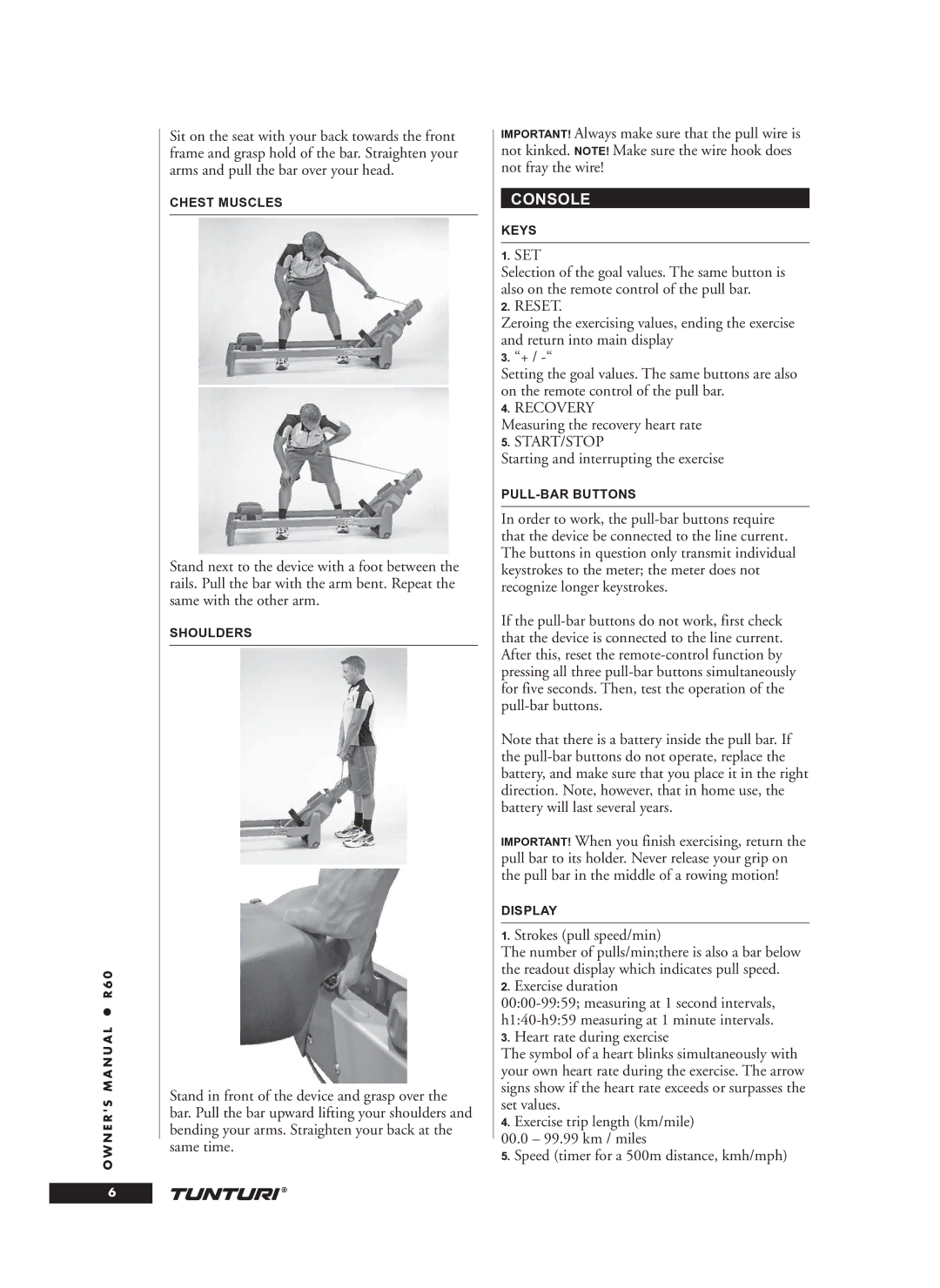 Tunturi R60 Console, Measuring the recovery heart rate, Starting and interrupting the exercise, Strokes pull speed/min 