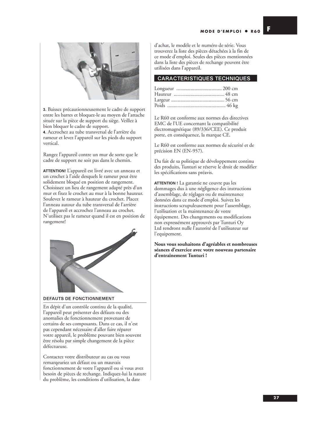 Tunturi R60 owner manual Caracteristiques Techniques 