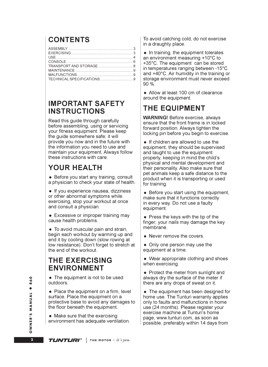 Tunturi R60 owner manual Contents 