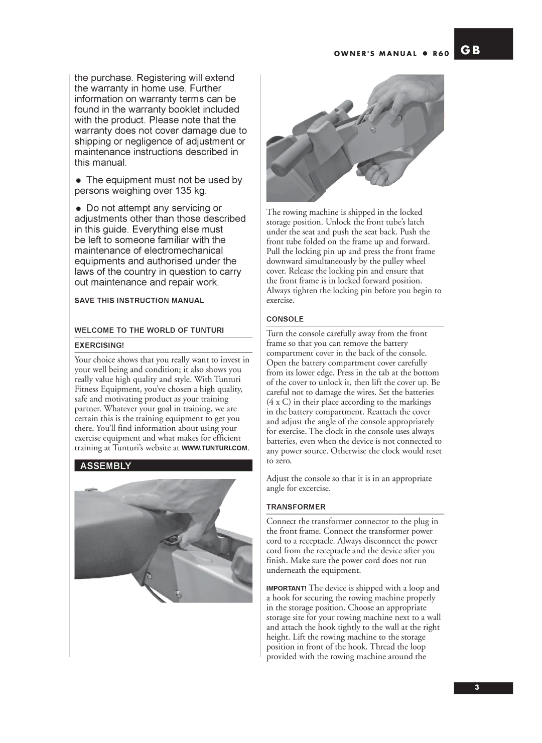 Tunturi R60 owner manual Assembly 