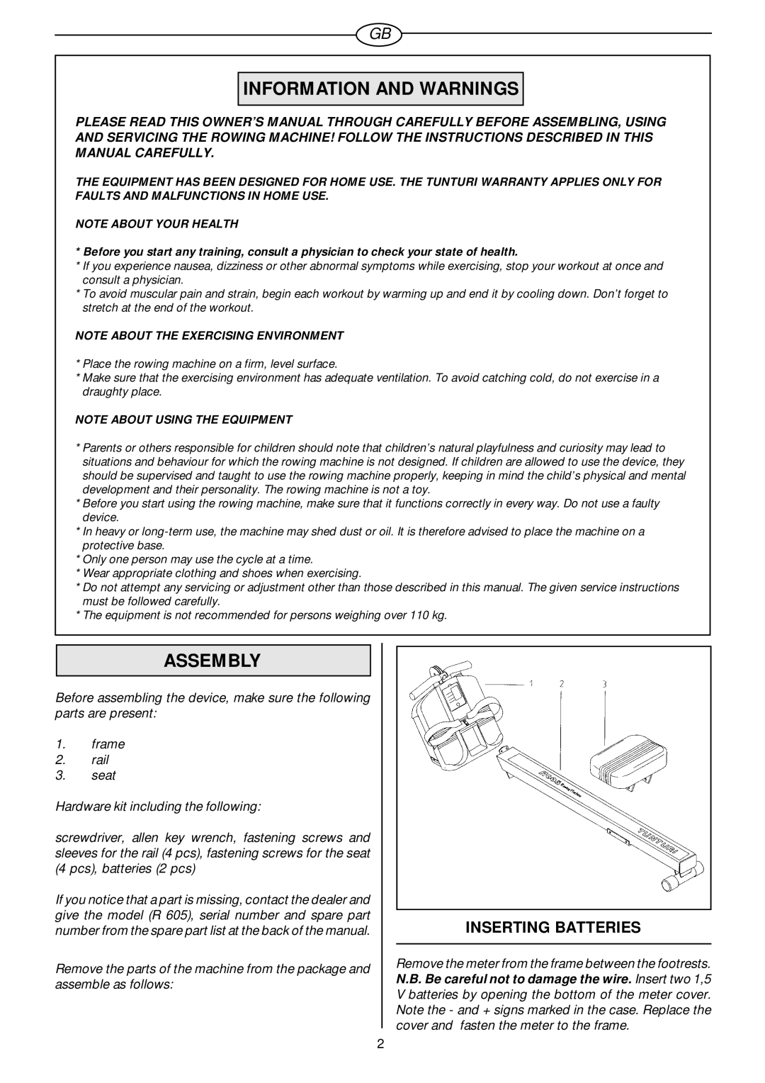 Tunturi R605 owner manual Information and Warnings, Assembly, Inserting Batteries 