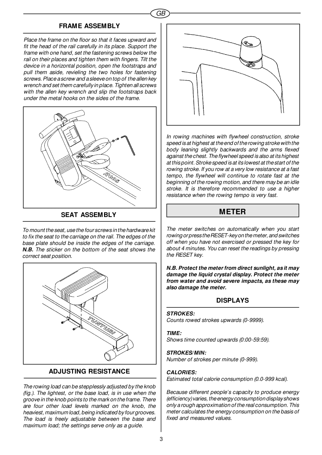 Tunturi R605 owner manual Meter, Frame Assembly, Seat Assembly, Adjusting Resistance, Displays 