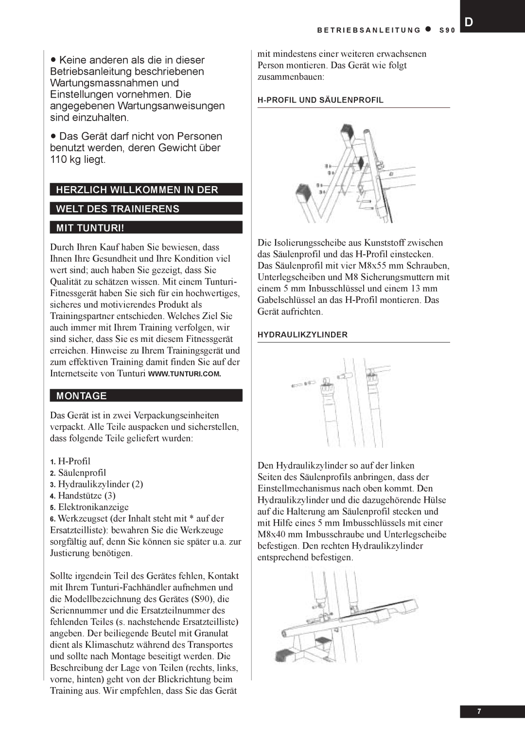 Tunturi S90 owner manual Profil UND Säulenprofil 