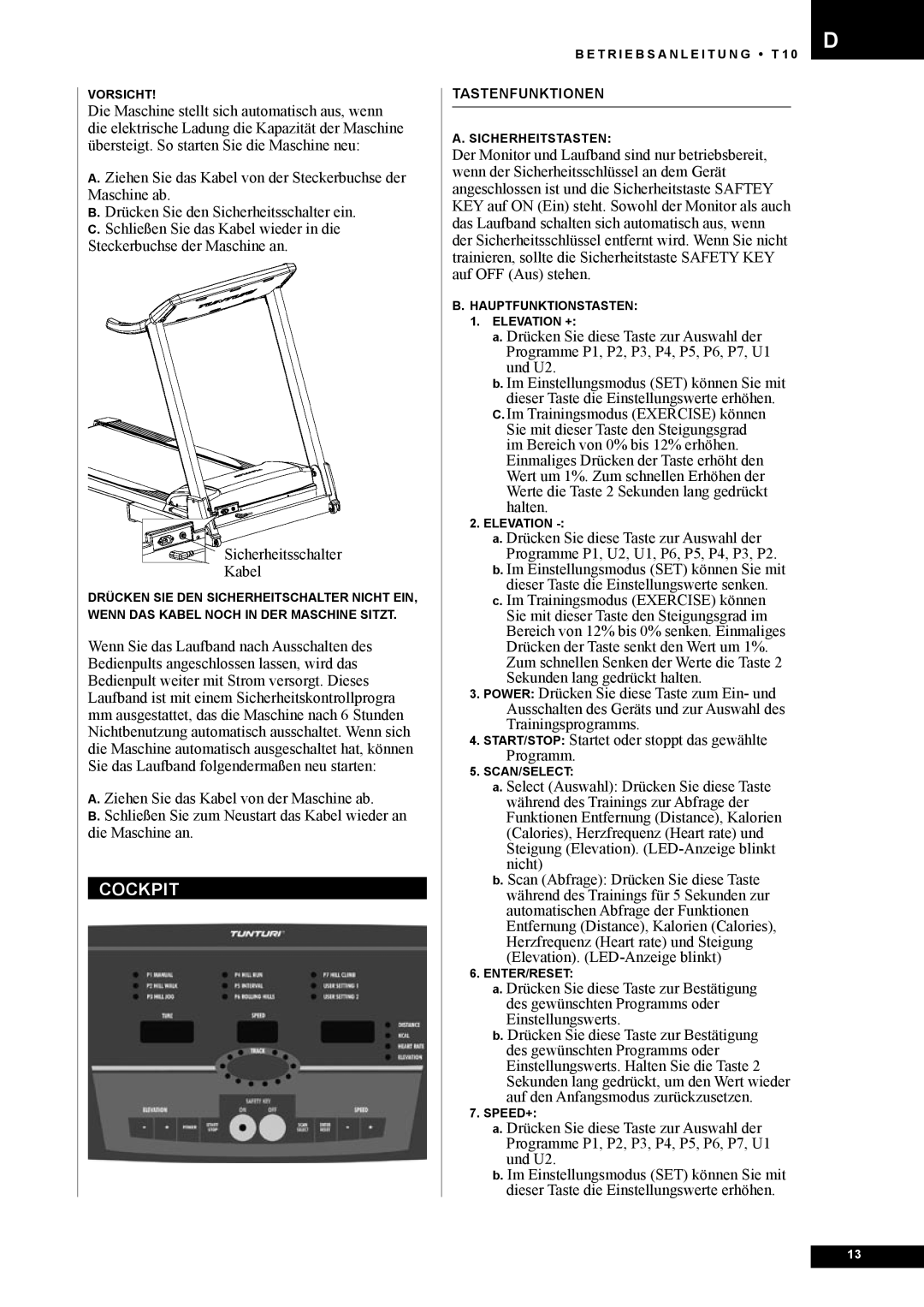 Tunturi T10 owner manual Cockpit 