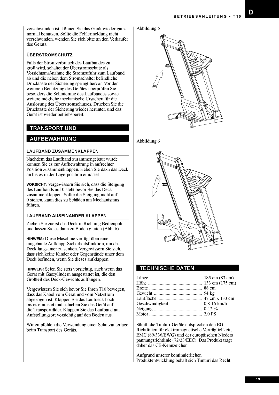 Tunturi T10 owner manual Transport UND Aufbewahrung, Technische Daten 