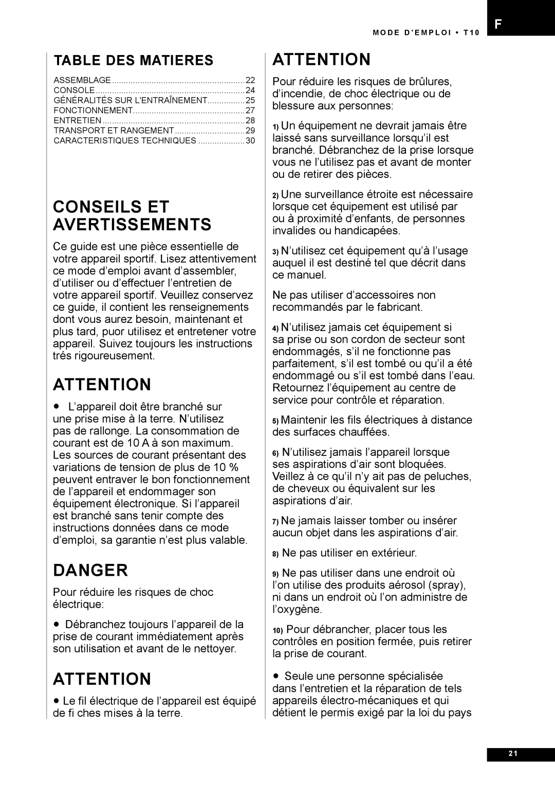 Tunturi T10 owner manual Conseils ET Avertissements 