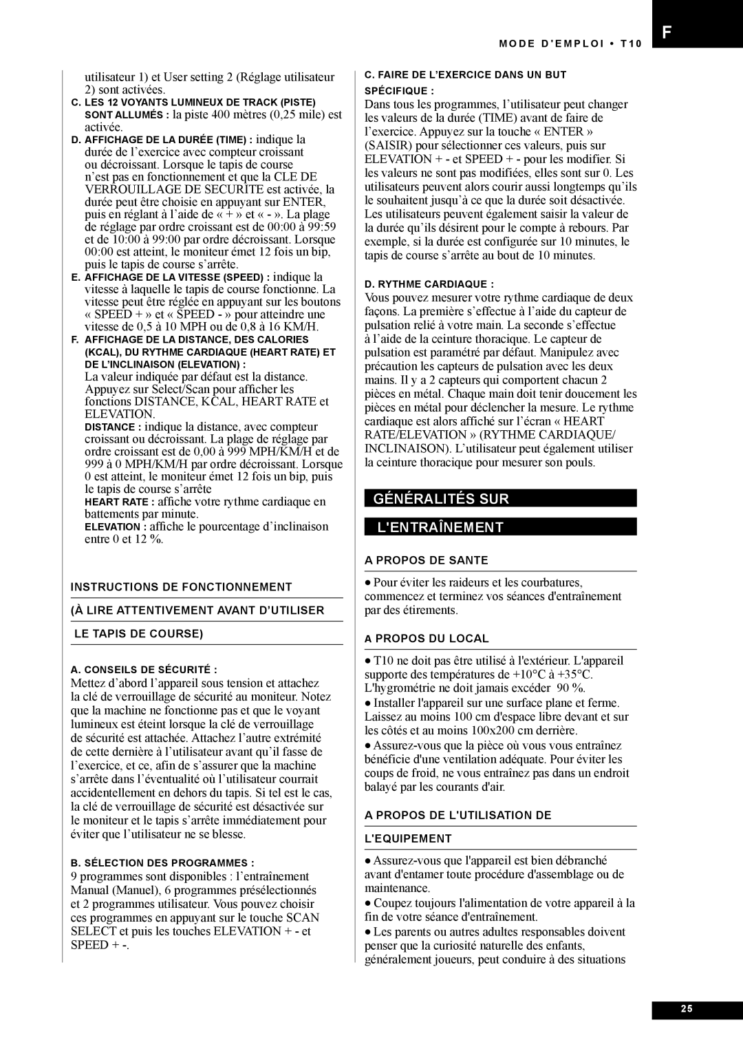 Tunturi T10 owner manual Généralités SUR Lentraînement 