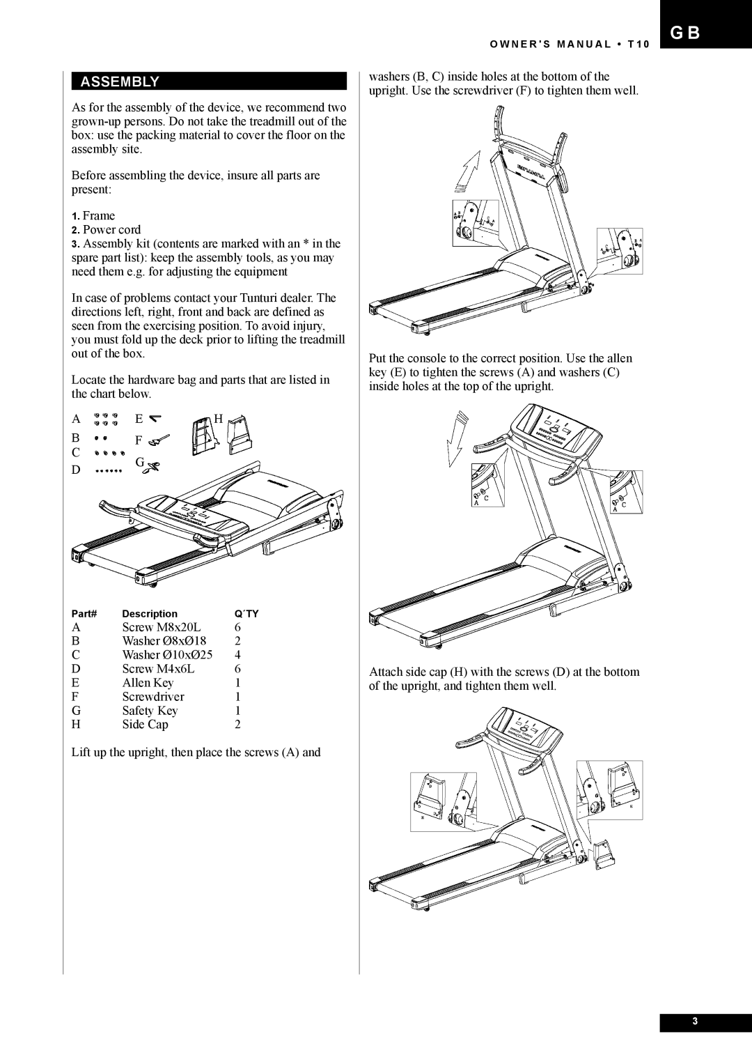 Tunturi T10 owner manual Assembly 