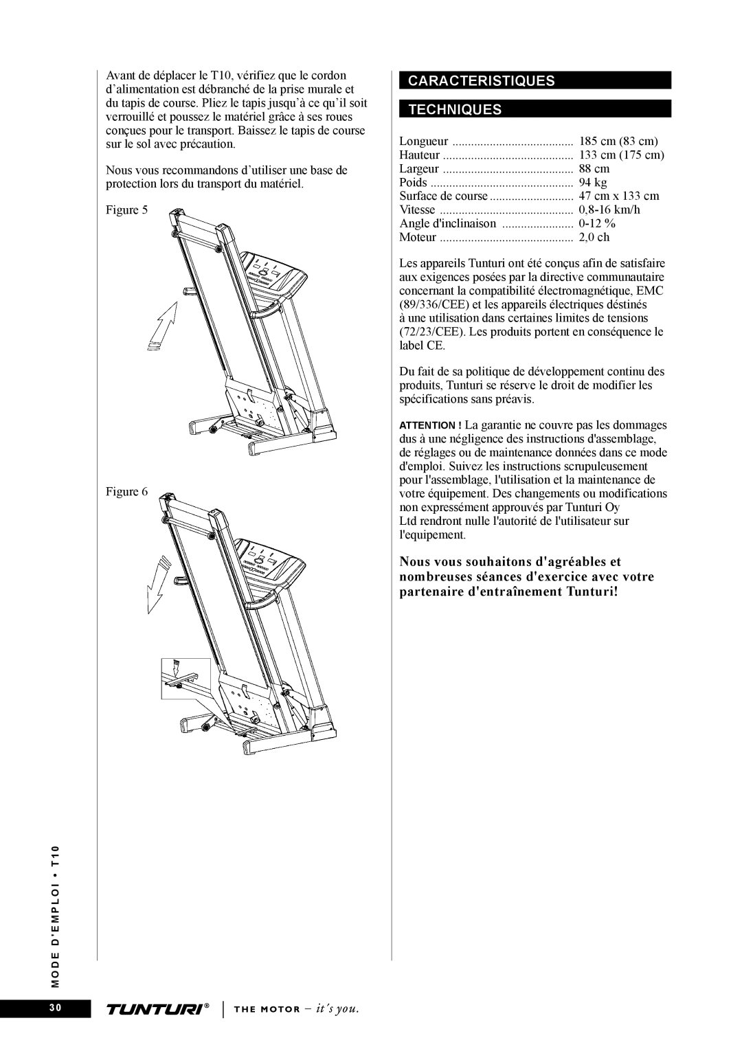 Tunturi T10 owner manual Caracteristiques Techniques 