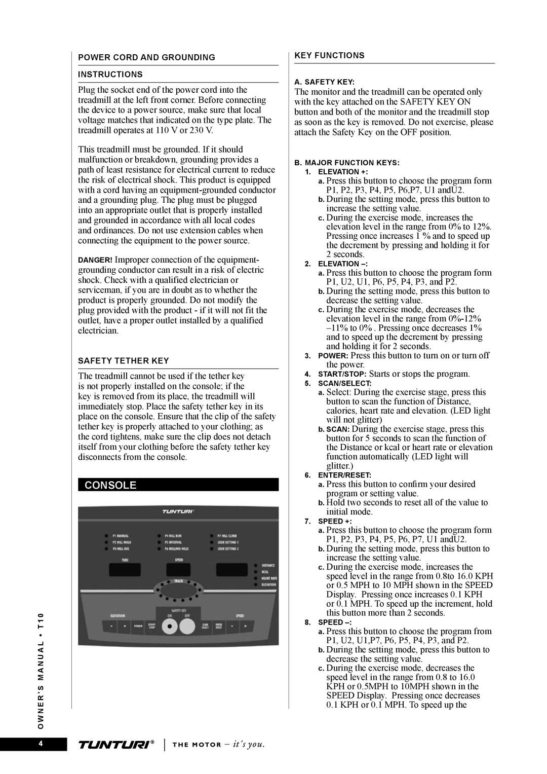 Tunturi T10 owner manual Console 