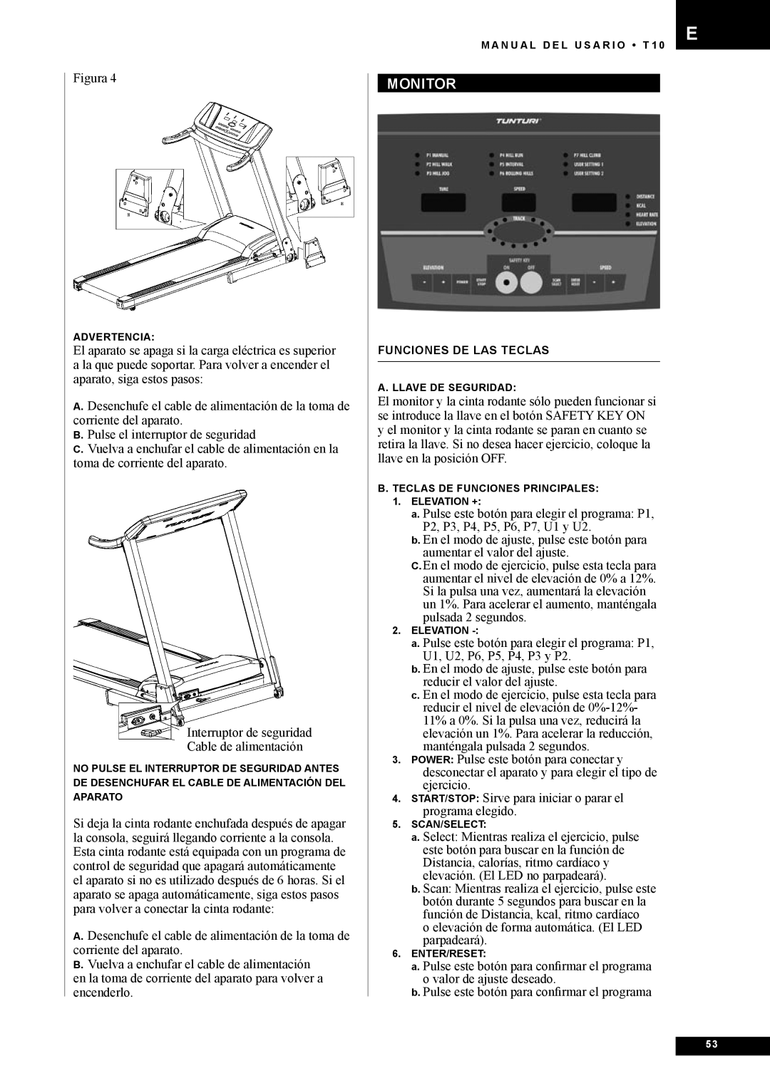 Tunturi T10 owner manual Funciones DE LAS Teclas 