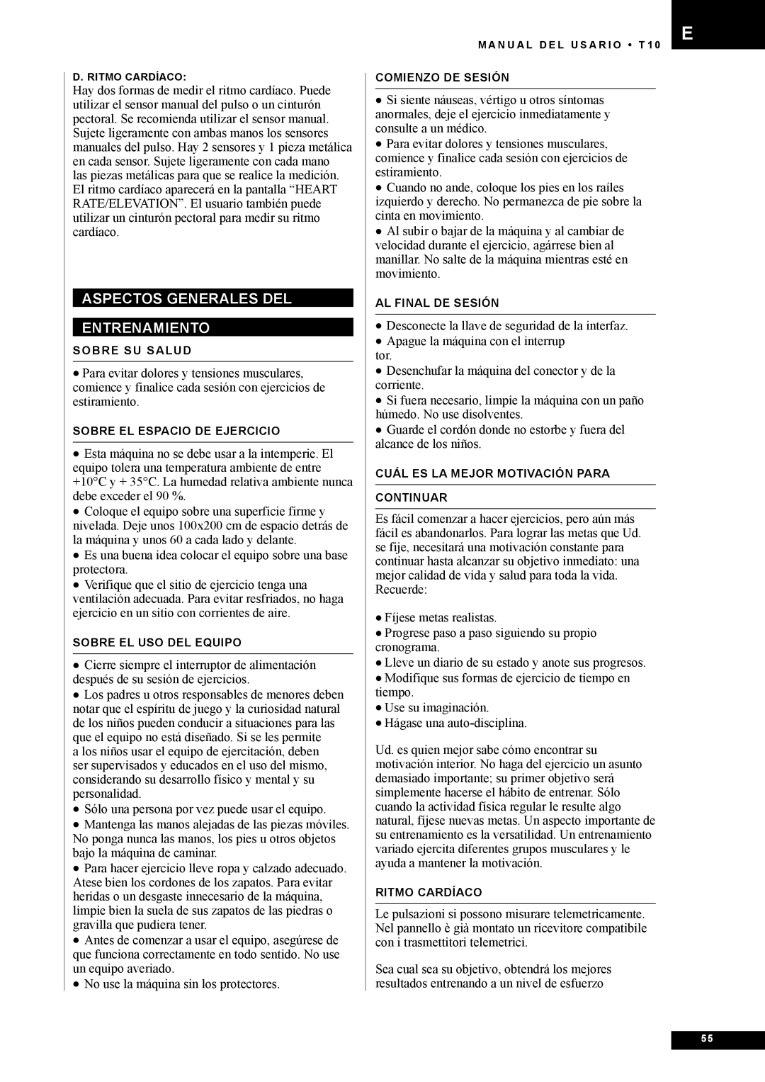 Tunturi T10 owner manual Aspectos Generales DEL Entrenamiento 