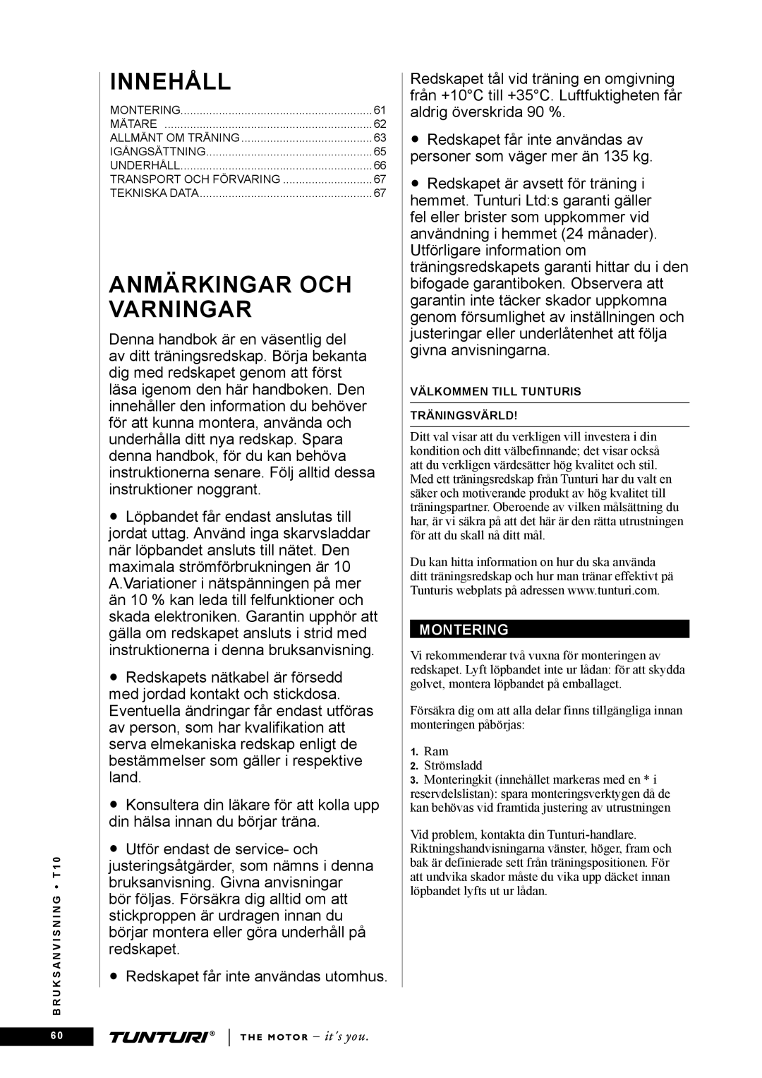 Tunturi T10 owner manual Innehåll, Montering 