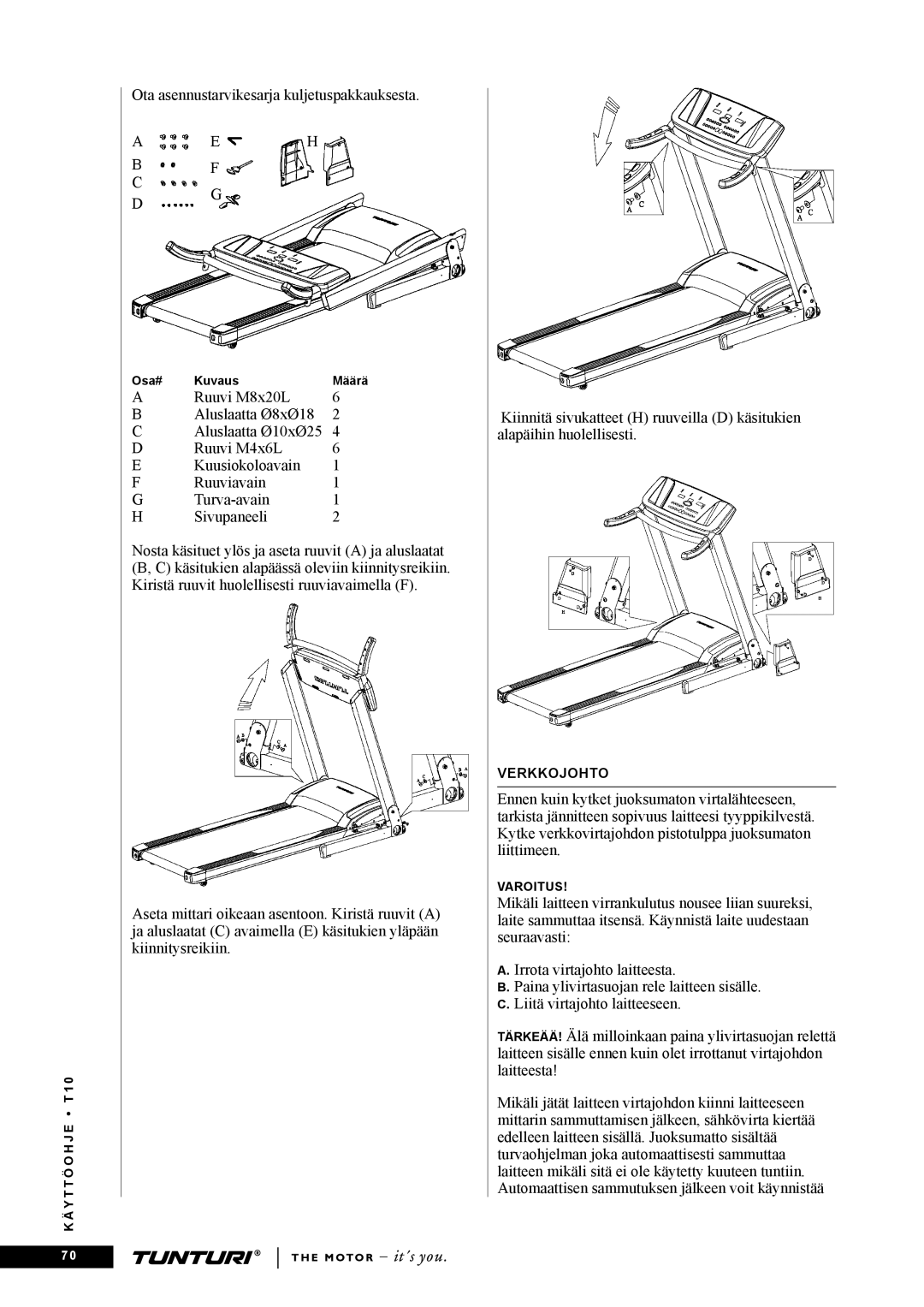 Tunturi T10 owner manual Ota asennustarvikesarja kuljetuspakkauksesta 