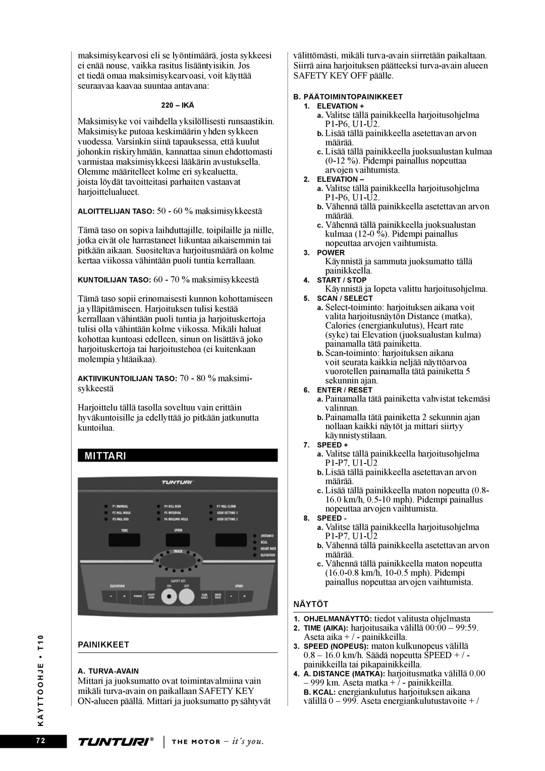 Tunturi T10 owner manual Mittari 